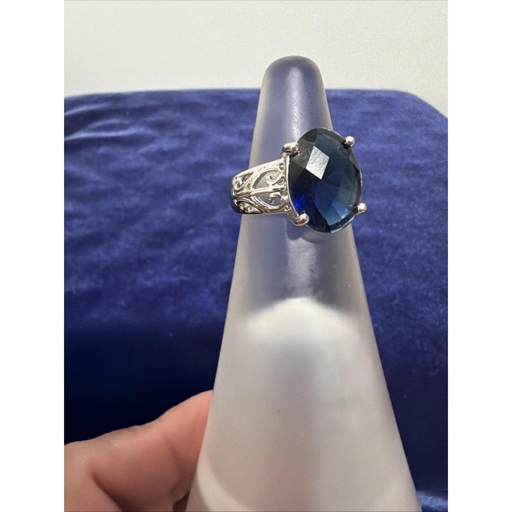 Created Blue Sapphire, 925 Sterling Silver Ladies Ring Sz9.75